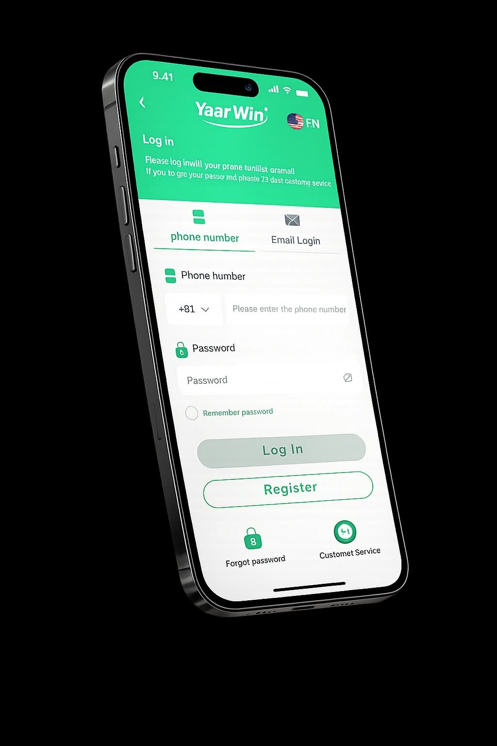 YaarWin mobile app — login and game lobby
